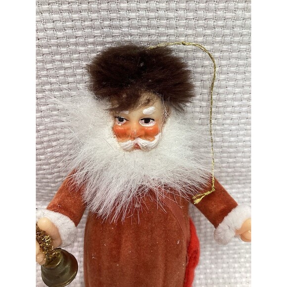 Flocked Plastic Old World Santa Christmas Ornament With Fur Hat & Bell 5” - Picture 3 of 12